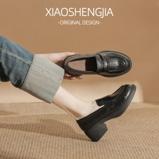 女粗跟厚底小皮鞋 一脚蹬单鞋 女2025新款 英伦通勤厚底高跟乐福鞋