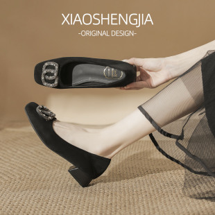 女软底舒适上班真皮女鞋 配裙子工作鞋 通勤百搭 女2025新款 水钻单鞋