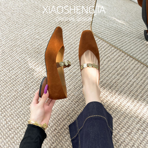 真皮法式复古低跟玛丽珍女鞋
