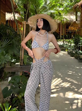 AM 西西里 性感小胸露背bikini长裤三件套绑带三点式比基尼泳衣女
