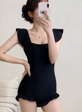 AM 新款ins风高级感黑色小飞袖遮肚显瘦保守学生平角温泉连体泳衣