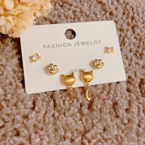 925银针小猫花朵耳钉多件套