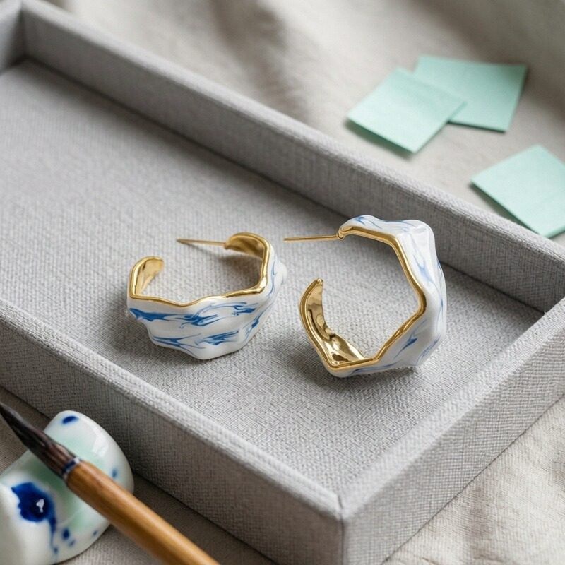 Sweet Girl银针时尚独特不规则青花瓷滴油耳圈女百搭设计气质耳环,饰品/流行首饰/时尚饰品新,耳钉,淘宝优惠券,粉丝福利购,淘宝优惠卷