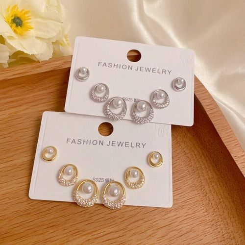 S925银针微镶锆石珍珠耳钉三件套