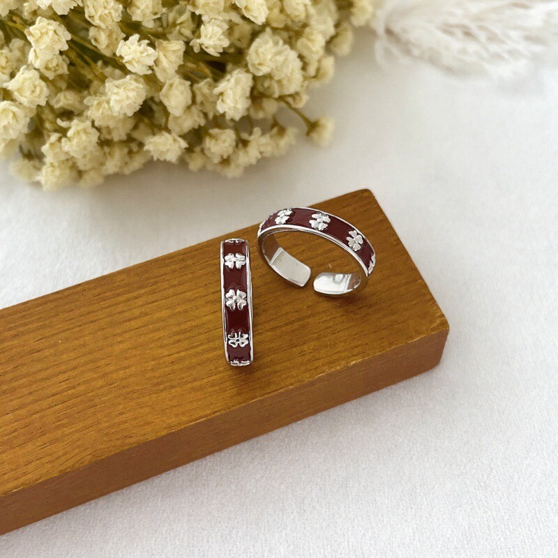 S925纯银安可拉红滴油四叶草戒