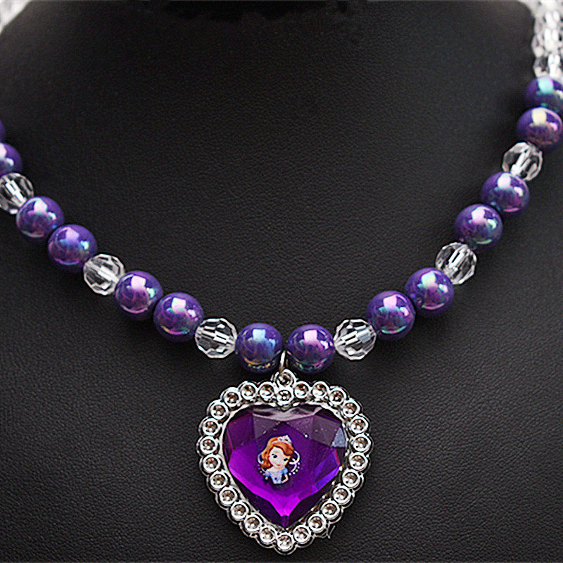 苏菲亚小公主项链紫色爱心水晶串珠弹力珍珠冰雪奇缘艾莎女童吊坠