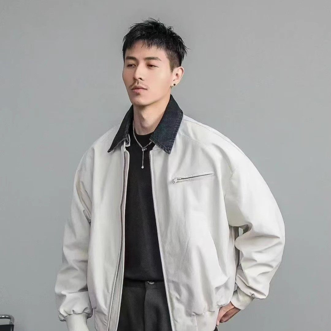 潮牌2025新款加棉上衣外套男款春季牛仔翻领棒球服高级感痞帅夹克