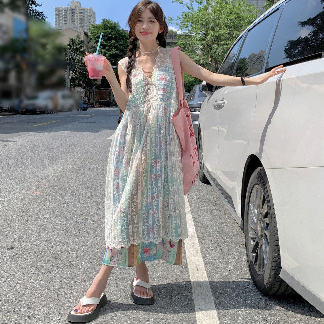 复古拼接花色吊带连衣裙女2025夏季新款度假风仙气超仙森系两件套