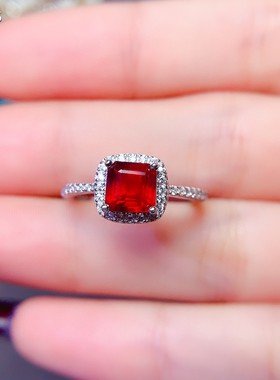 天然芬达石榴石戒指女925银镶嵌时尚宝石6*6生日礼物送女友不掉色
