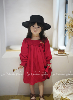 Le soleil kids 2021ss梨色秋季刺绣红色女童长袖娃娃裙连衣裙