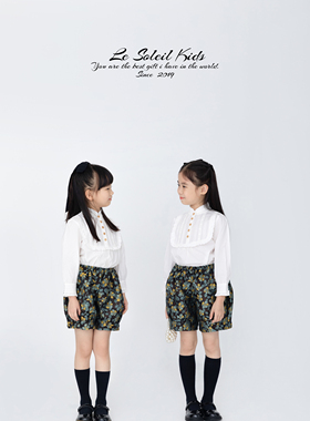 Le soleil kids 梨色2022英伦风白色衬衫提花中裤套装女童 幼儿园