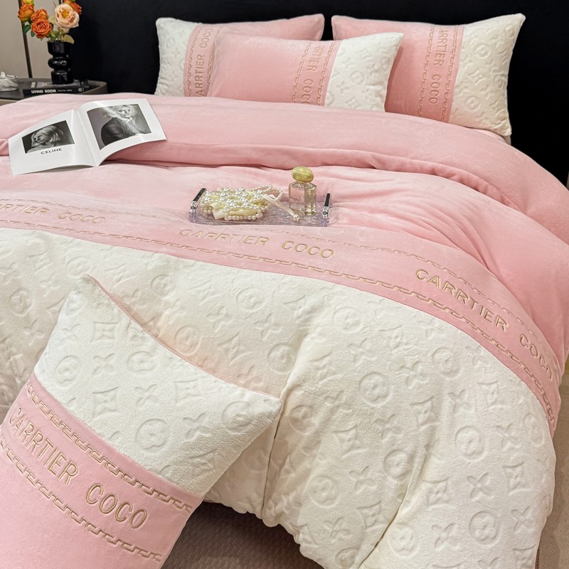 冬季简约牛奶绒四件套双拼色雕花刺绣珊瑚绒被套卧室宿舍床三件套,床上用品,学生床品套件,淘宝优惠券,粉丝福利购,淘宝优惠卷