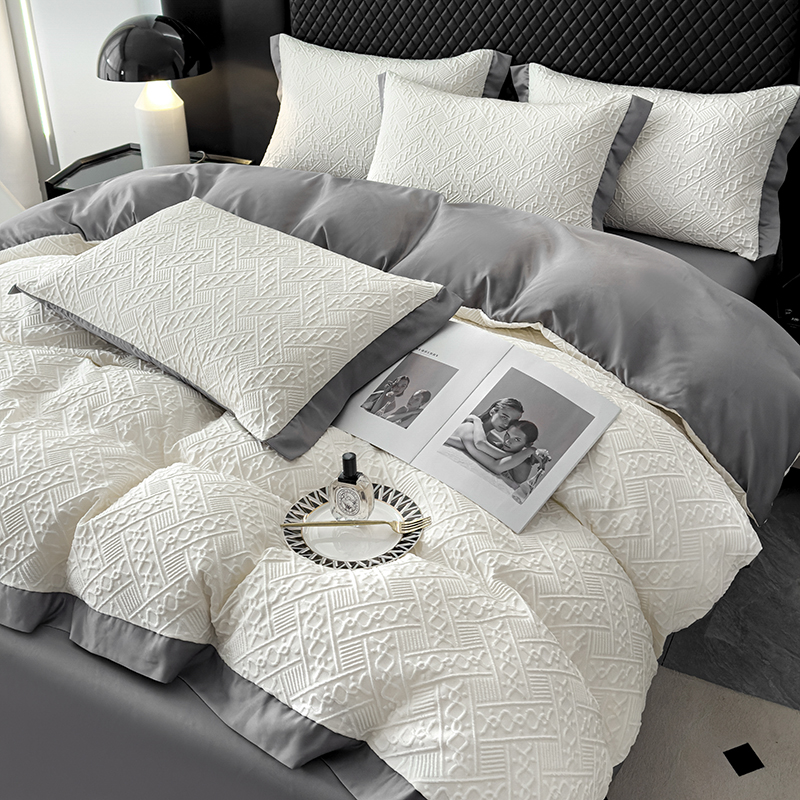 高级感夏季冰丝四件套北欧轻奢浮雕被套降温真丝凉感空调床单床笠