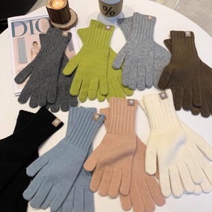 冬季含羊毛针织分指手套女韩版ins百搭纯色中长筒手套生日礼物潮