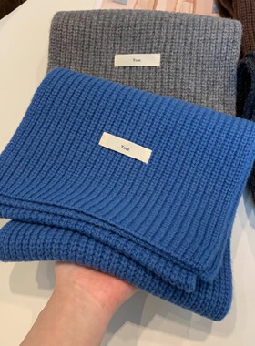100%全羊毛针织围巾女冬季新款百搭蓝色显白加厚保暖护颈情侣围脖