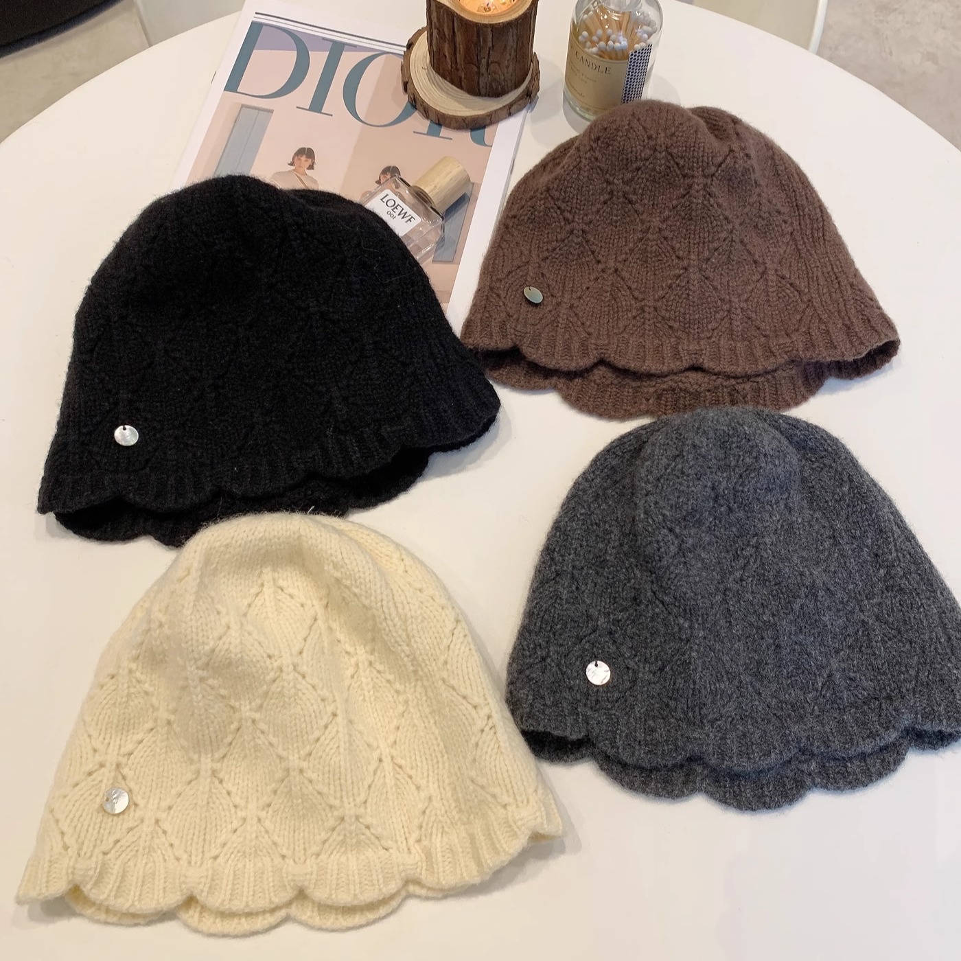 精选高品质澳洲100%纯羊毛钩花帽高品质盆帽针织花边堆堆帽子女冬