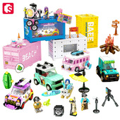 森宝名车世界户外音乐节集装 积木玩具 箱篝火party表演小颗粒拼装
