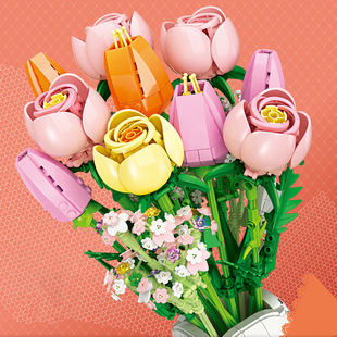 杰星JJ9065粉雪山带花瓶DIY益智拼装仿真积木花束摆件玩具送礼物