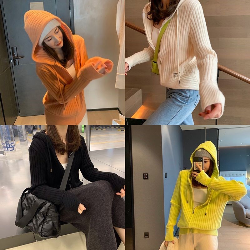 毛衣新款女韩版洋气宽松连帽慵懒风秋冬季开衫外套女针织