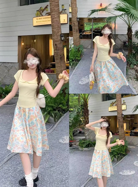 韩系复古油画印花半身裙夏季松紧腰黄色上衣碎花印花蓬蓬裙一整套