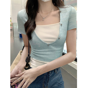 5516 t恤女正肩韩系穿搭半开领拼色上衣 纯欲甜辣妹假两件蓝色短袖