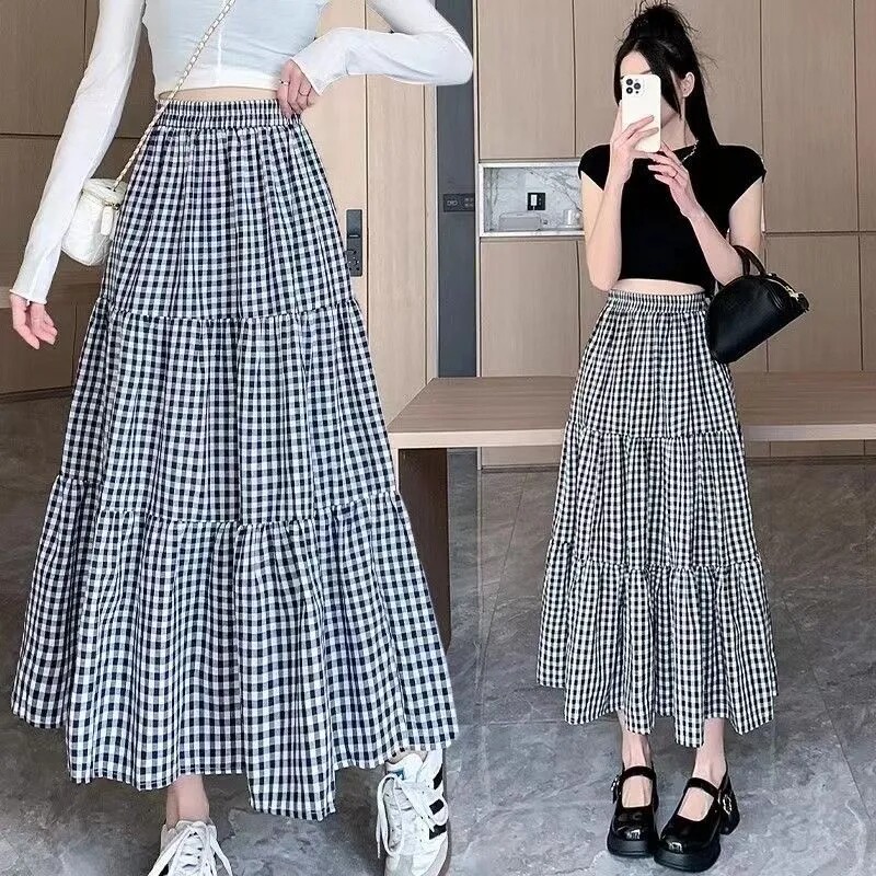 拼接蛋糕裙2025新款女装夏季松紧显瘦小众宽松复古高腰半身格子裙