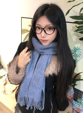 SLN蓝色羊毛围巾女冬季保暖流苏披肩高级感氛围感围脖简约纯色