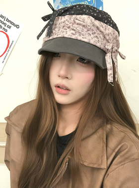 SLN 韩版复古碎花拼色蝴蝶结平顶鸭舌帽女小众显脸小遮阳前进帽