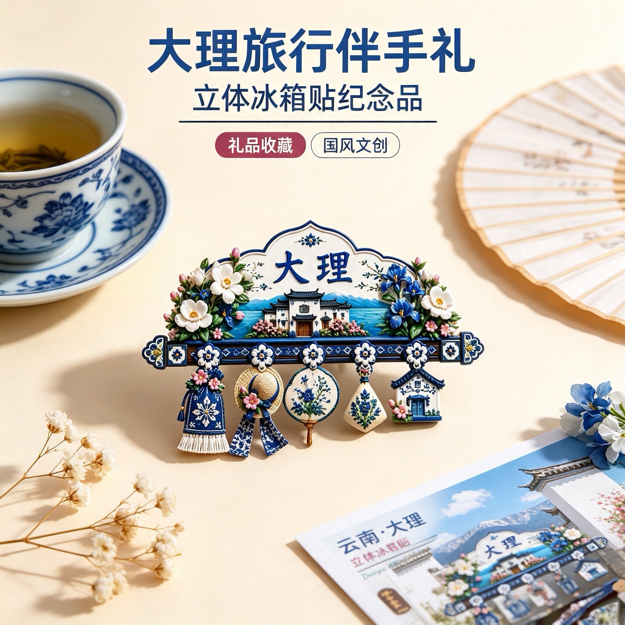 大理国风青花立体冰箱贴伴手礼