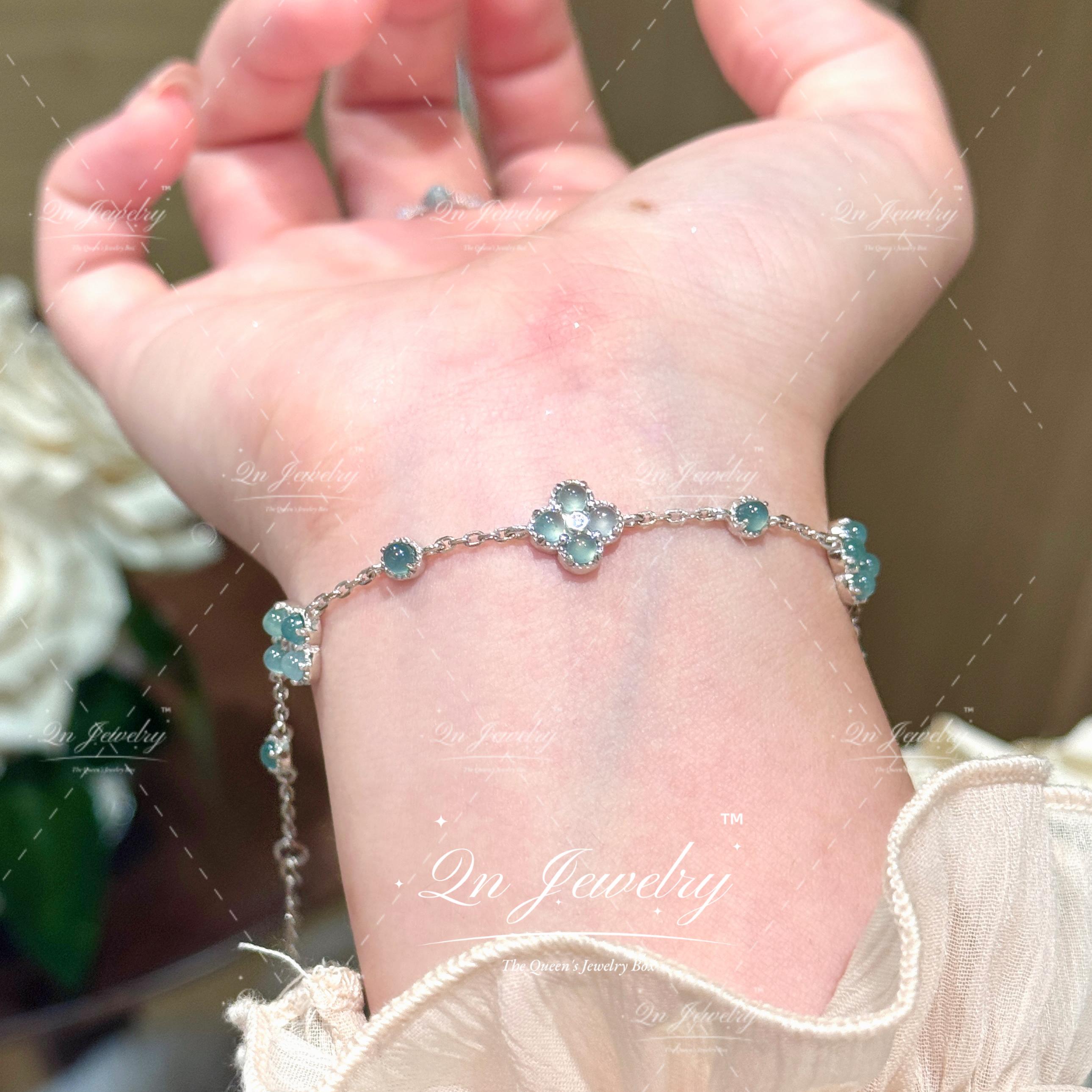 Qn Jewelry/晴底翡翠四叶草手链 天然a货翡翠s925纯银手链A88