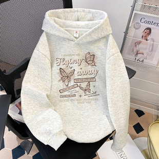 复古美式蝴蝶连帽卫衣女童装休闲宽松百搭慵懒风白灰色加绒上衣潮