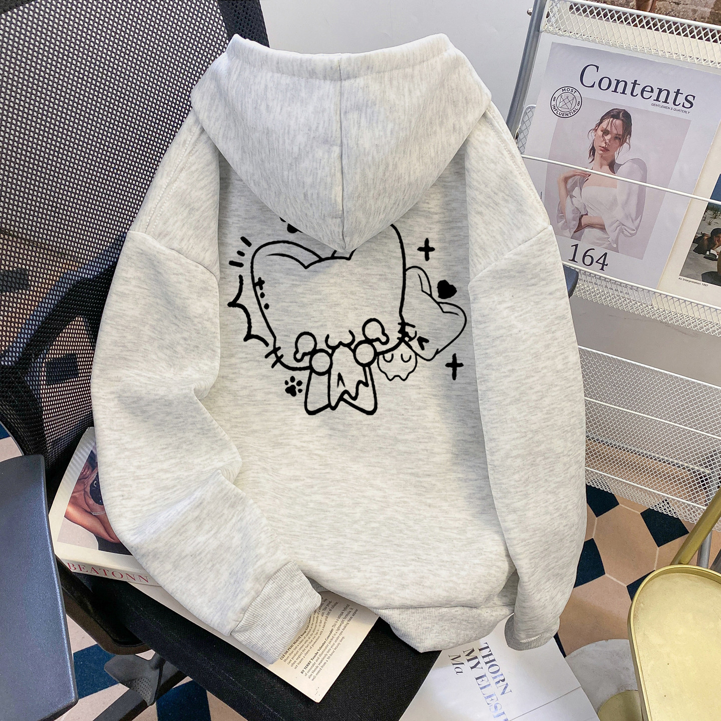 美式潮牌卡通印花连帽卫衣男女童秋冬加绒加厚宽松百搭上衣外套潮