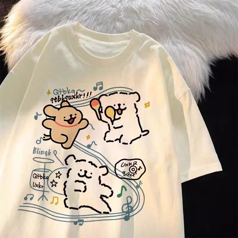 纯棉短袖t恤女童夏季可爱线条小狗印花中大童百搭休闲风新款上衣