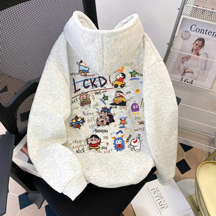 卡通风连帽卫衣男女童加绒字母印花潮牌打底衫纯棉oversize上衣潮