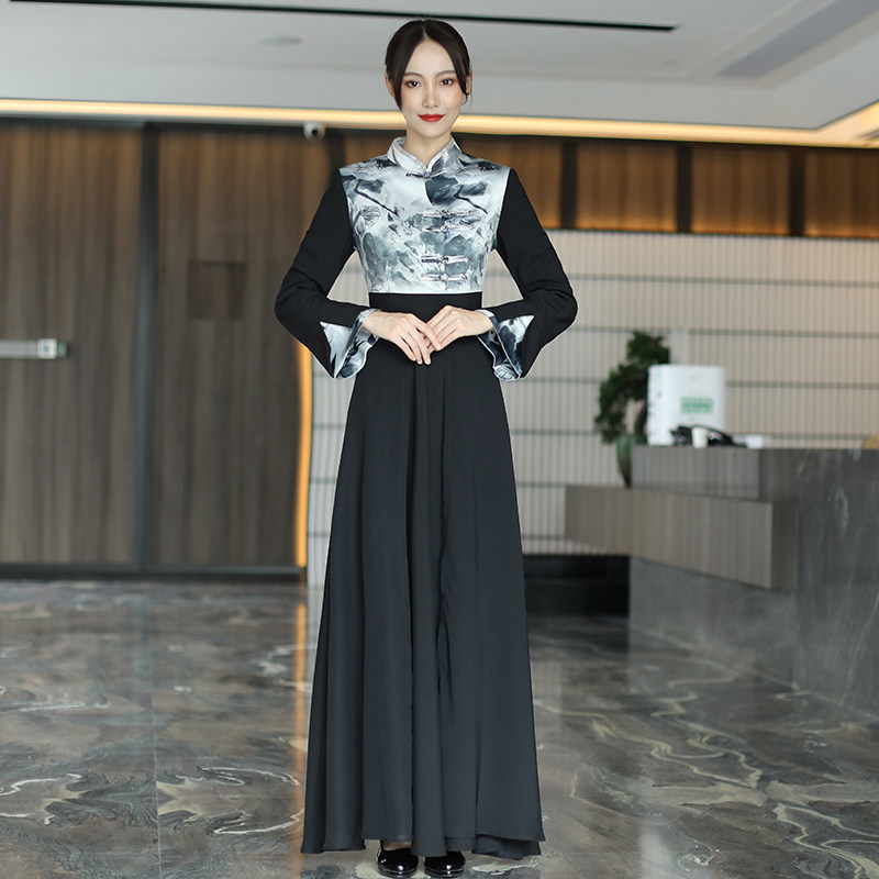 中餐厅火锅酒店服务员工作服女五分袖旗袍春夏前台接待迎宾服装