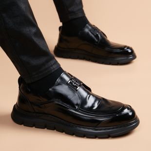 皮鞋男真皮休闲百搭一脚蹬增高商务正装男鞋潮流青年英伦平底鞋男