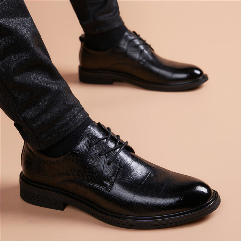 男士休闲皮鞋真皮英伦风高档增高尖头正装商务头层牛皮男鞋结婚鞋