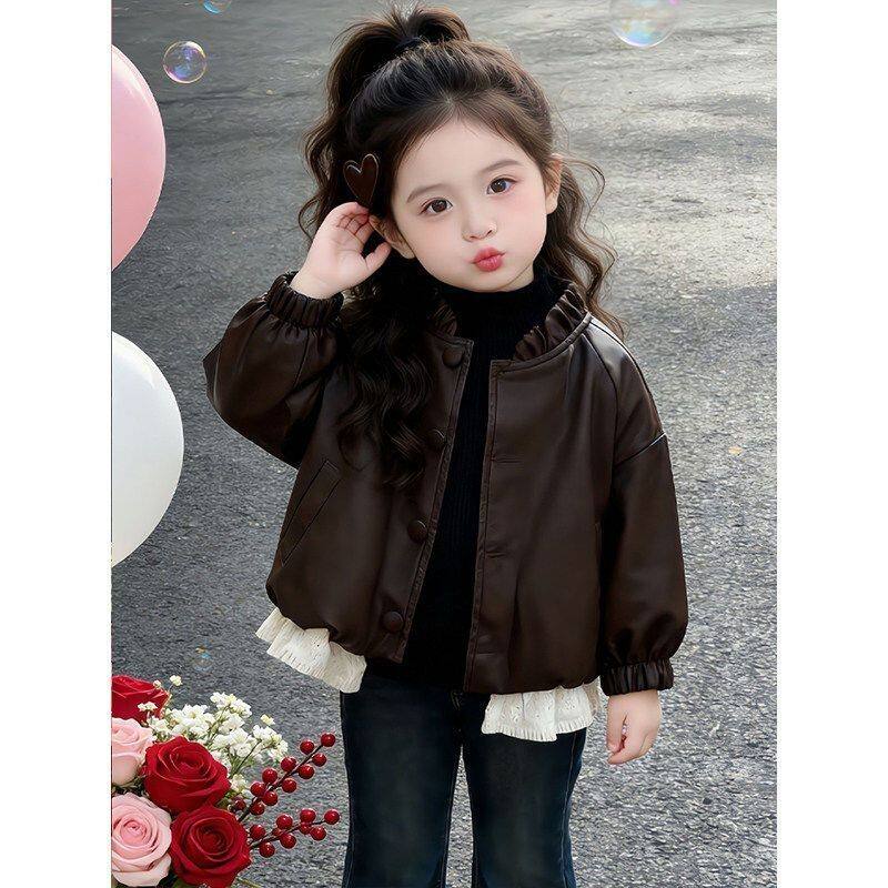 女童棕色皮衣外套春秋款新款小女孩休闲时尚百搭夹克儿童春季上衣