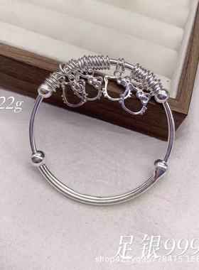 足银999Kitty猫纯银手镯铃铛小众时尚银镯子手串转运珠手环礼物