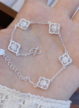 足银镂空幸运五花手链中古风小众设计感纯银手链礼物