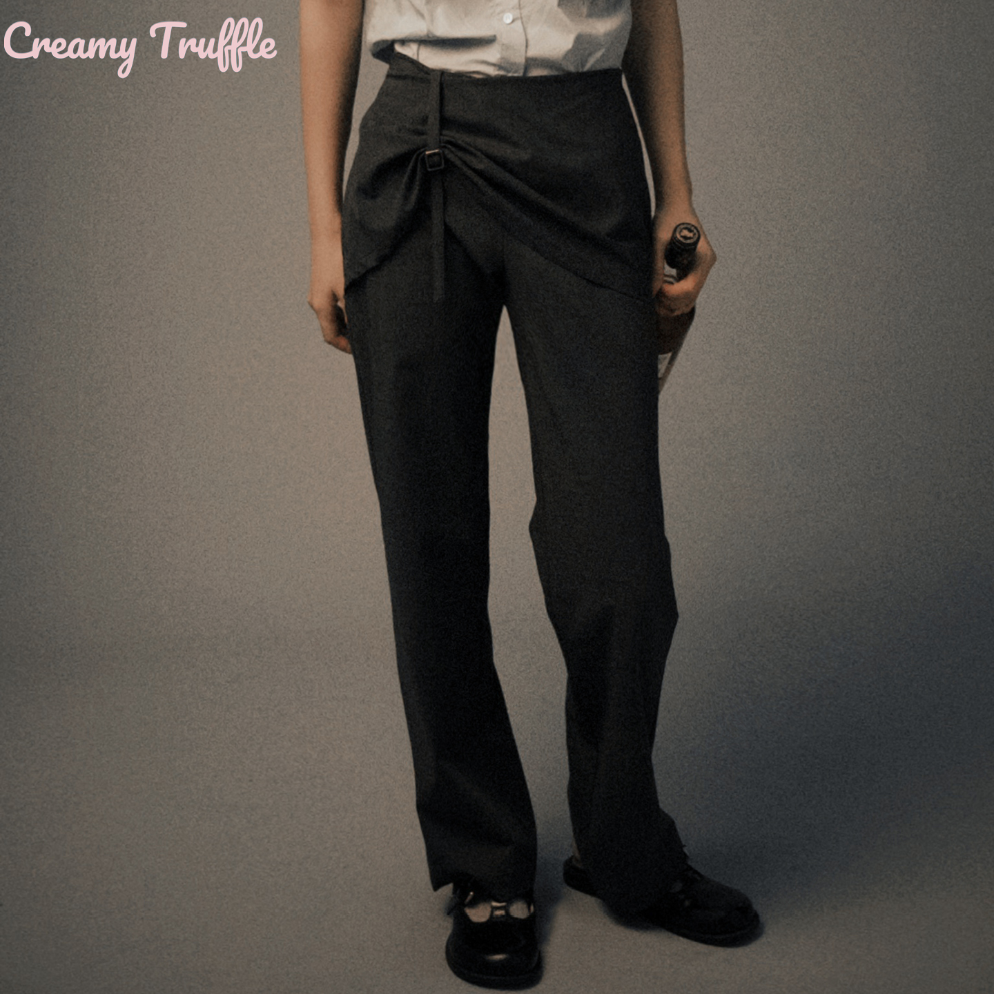 羊毛混纺假两件直筒长裤