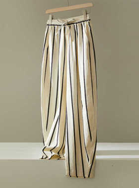 竖条纹阔腿休闲香蕉裤女夏季新款设计感松紧腰阔腿哈伦宽松镰刀裤