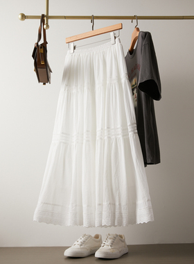 春夏白色高腰半身裙女蕾丝花边大摆裙显瘦伞裙气质中长款百褶长裙