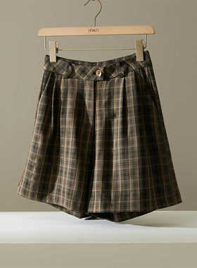 格子五分西装短裤女夏季复古高腰休闲宽松薄款垂感阔腿裤直筒中裤