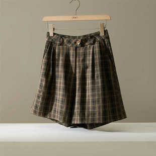短裤 直筒中裤 女夏季 垂感阔腿裤 复古高腰休闲宽松薄款 格子五分西装