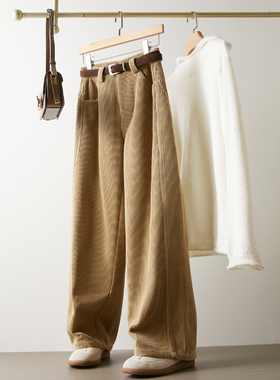 灯芯绒卡其色窄版直筒裤女秋冬新款宽松显瘦加绒加厚休闲阔腿长裤