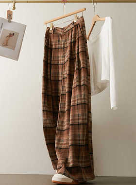咖色格子宽松阔腿休闲裤女春季新款复古感设计显瘦拖地直筒长裤子