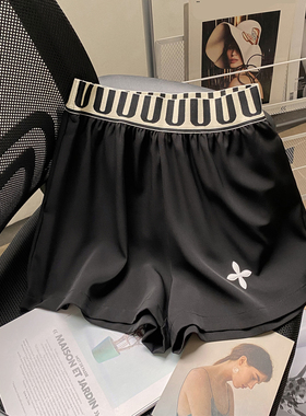 黑色松紧腰阔腿短裤女夏季宽松显瘦高腰热裤薄款冰丝垂感休闲裤子