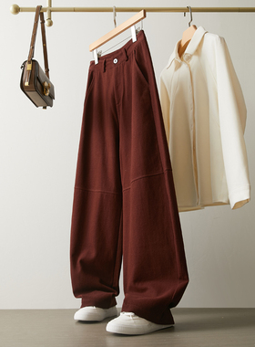 安格拉红宽松休闲香蕉裤女秋冬新款慵懒风显瘦酒红色阔腿镰刀裤子