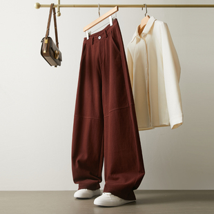 安格拉红宽松休闲香蕉裤女秋冬新款慵懒风显瘦酒红色阔腿镰刀裤子